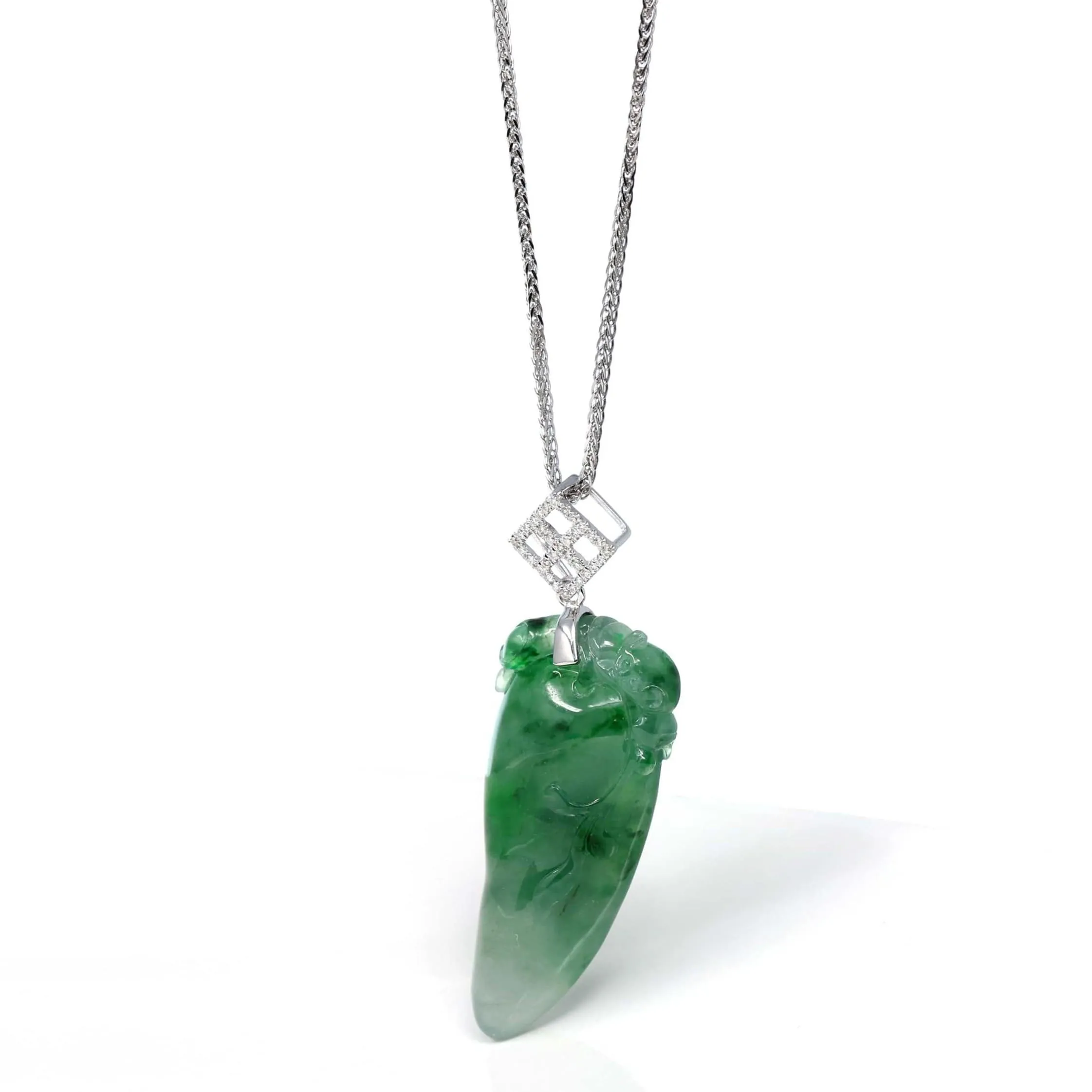 RealJade® Co. Natural Jadeite "Longevity Peach" ShouTao Necklace With 18k White Gold Diamond Bail