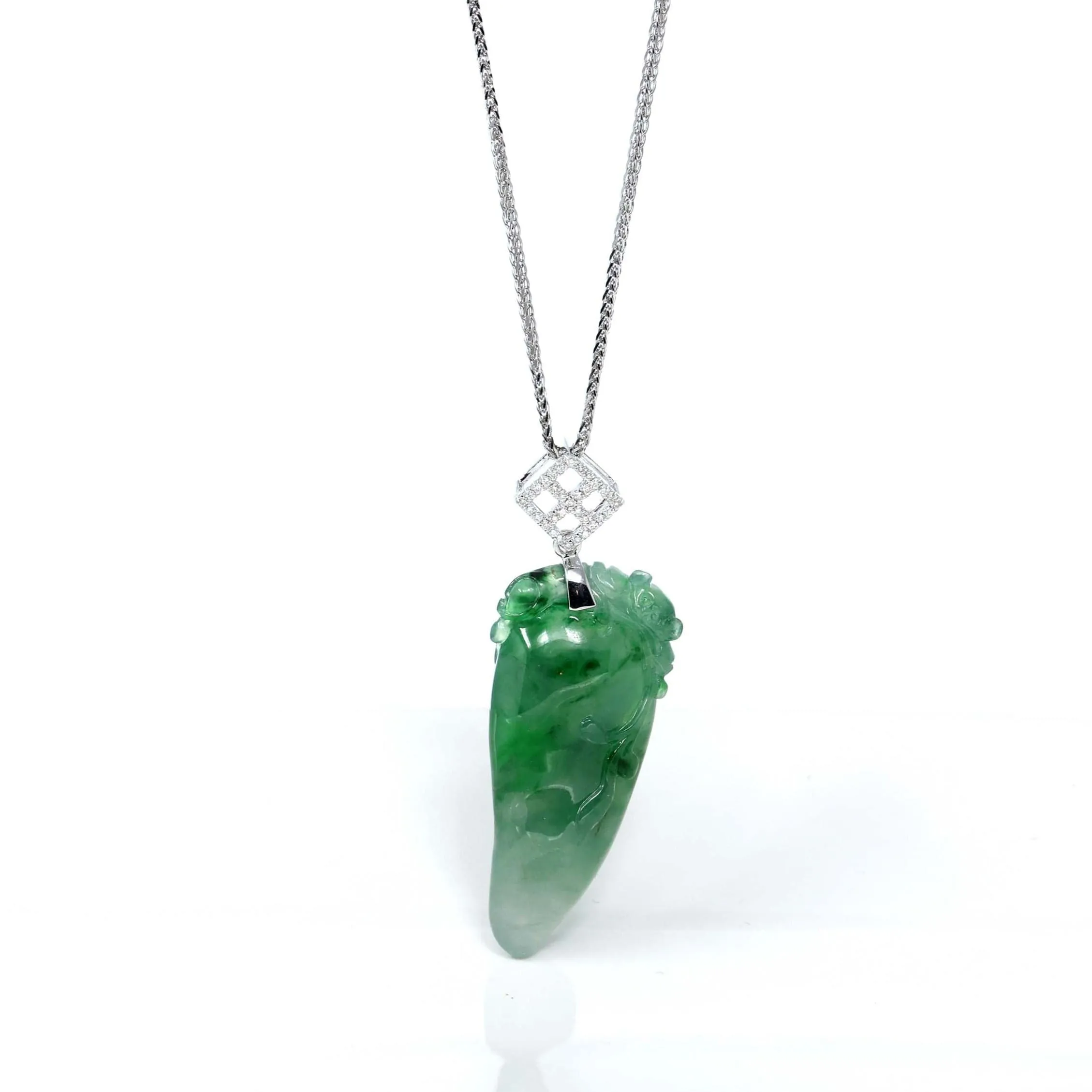 RealJade® Co. Natural Jadeite "Longevity Peach" ShouTao Necklace With 18k White Gold Diamond Bail