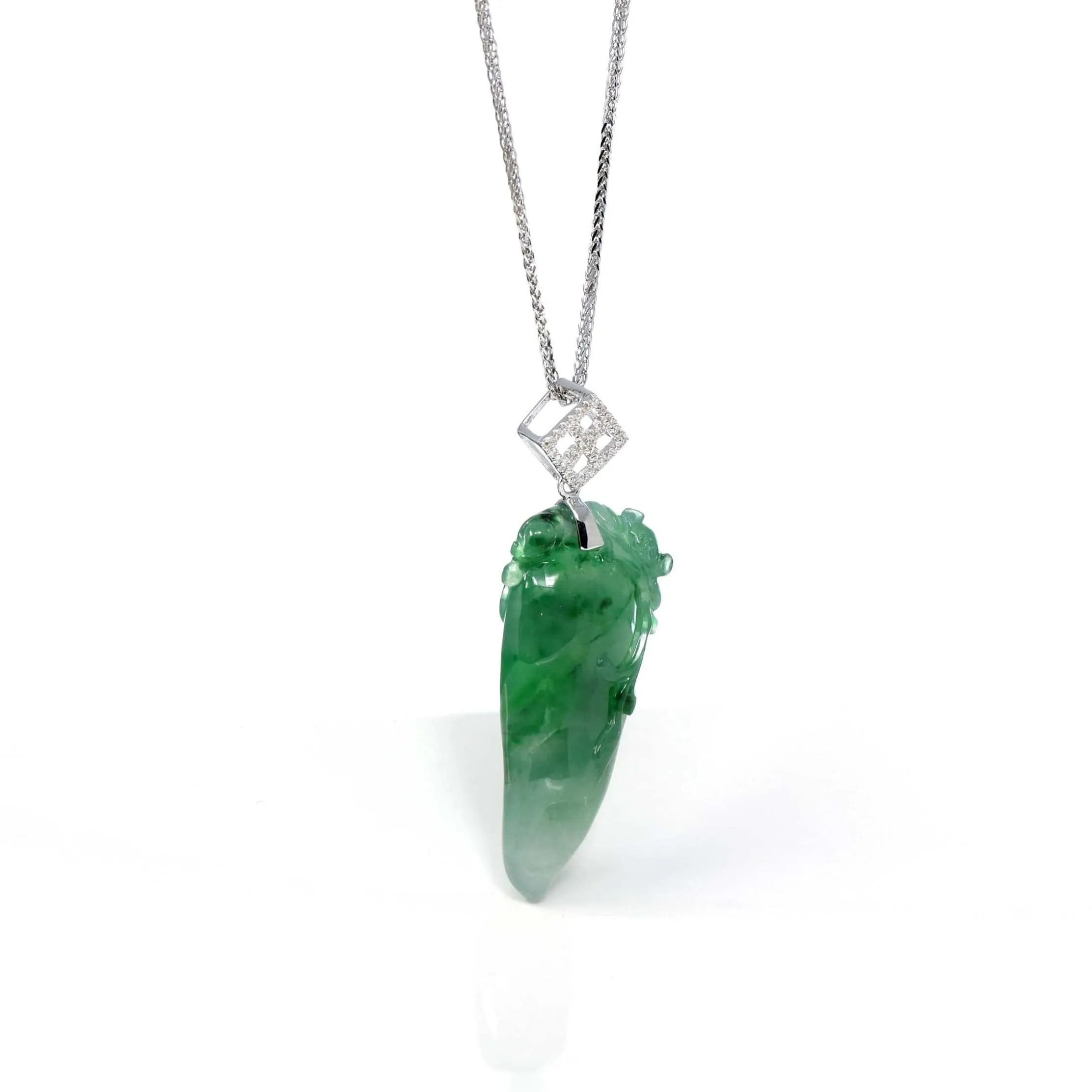 RealJade® Co. Natural Jadeite "Longevity Peach" ShouTao Necklace With 18k White Gold Diamond Bail