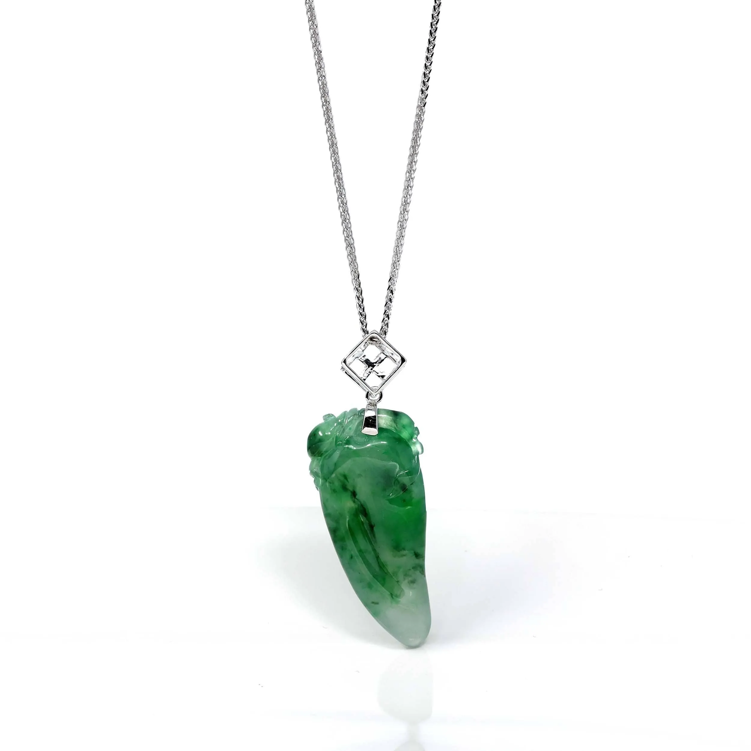 RealJade® Co. Natural Jadeite "Longevity Peach" ShouTao Necklace With 18k White Gold Diamond Bail