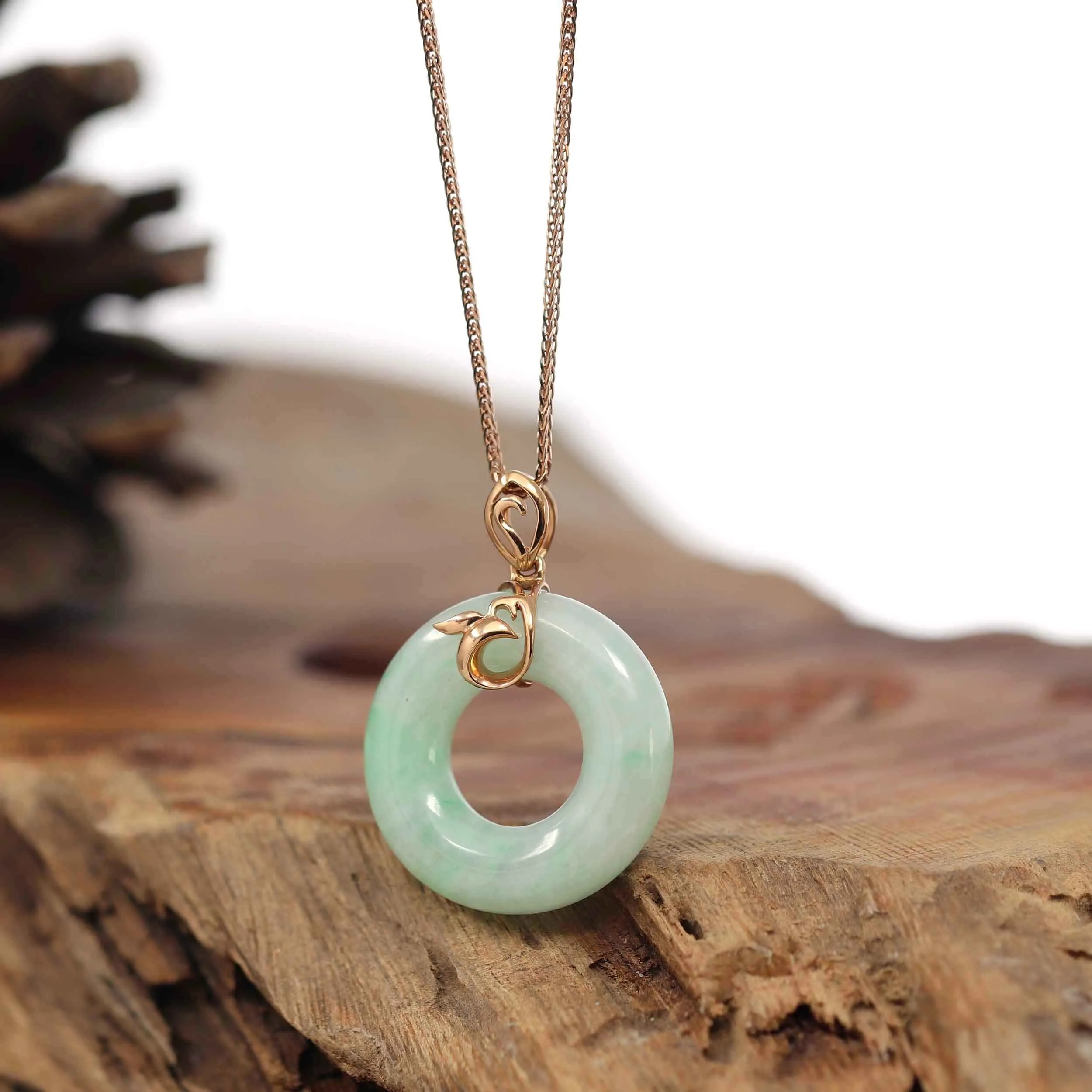 RealJade® Co. "Good Luck Birdie" 18k Rose Gold Genuine Burmese Jadeite Lucky Kou Kou Pendant Necklace