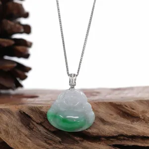 RealJade® Co. "Laughing Buddha" Genuine Green Jadeite Buddha Necklace With 14k White Gold Diamond Bail