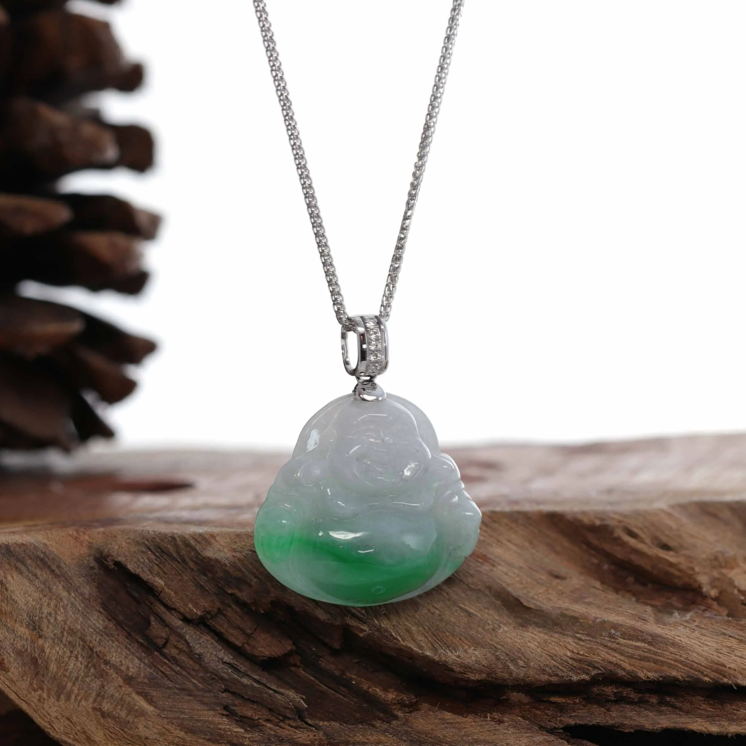RealJade® Co. "Laughing Buddha" Genuine Green Jadeite Buddha Necklace With 14k White Gold Diamond Bail