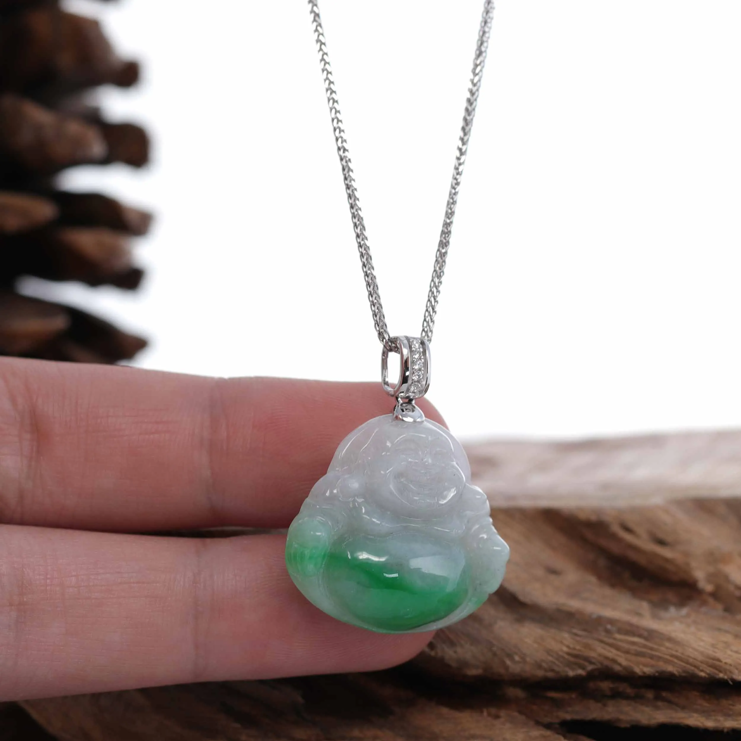 RealJade® Co. "Laughing Buddha" Genuine Green Jadeite Buddha Necklace With 14k White Gold Diamond Bail