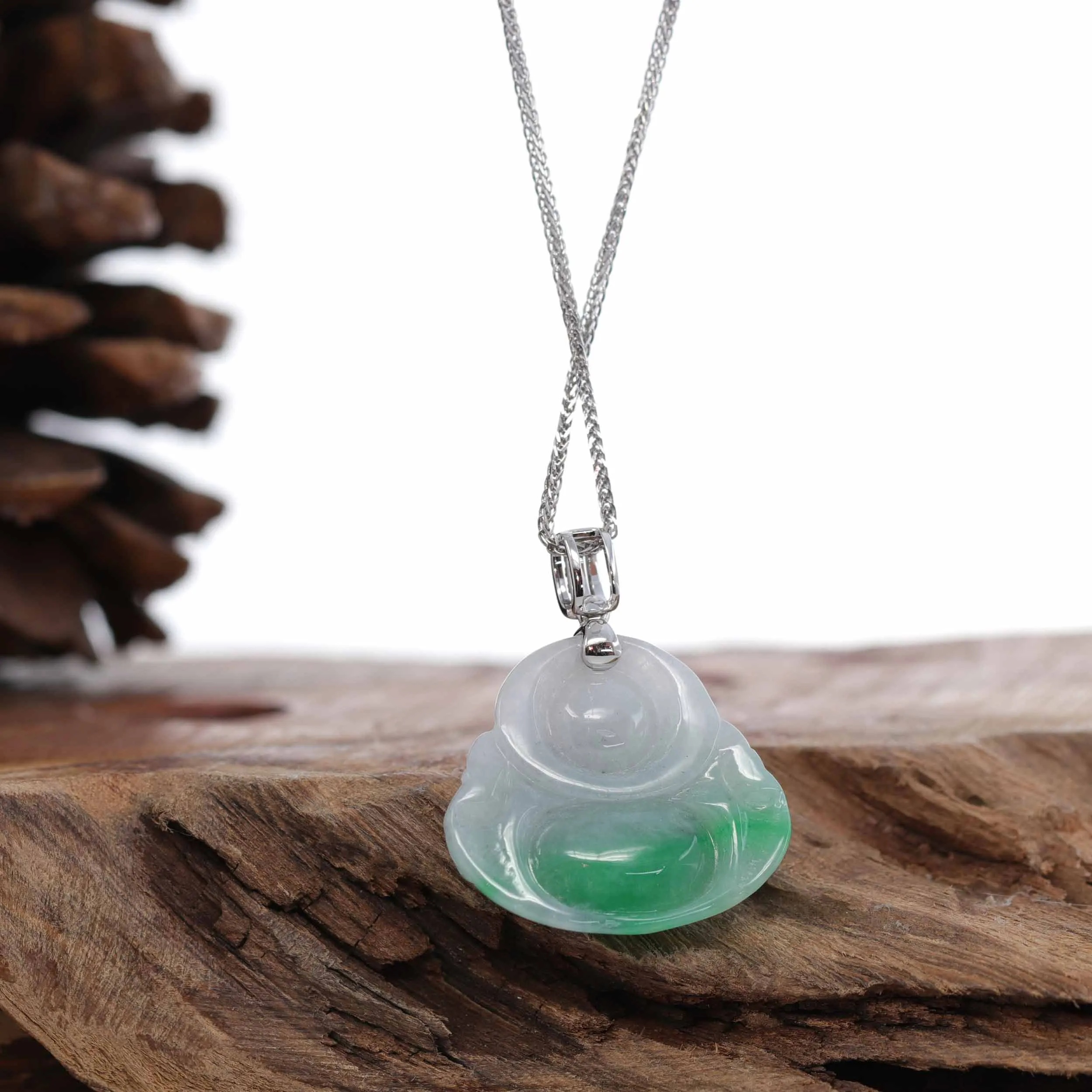 RealJade® Co. "Laughing Buddha" Genuine Green Jadeite Buddha Necklace With 14k White Gold Diamond Bail