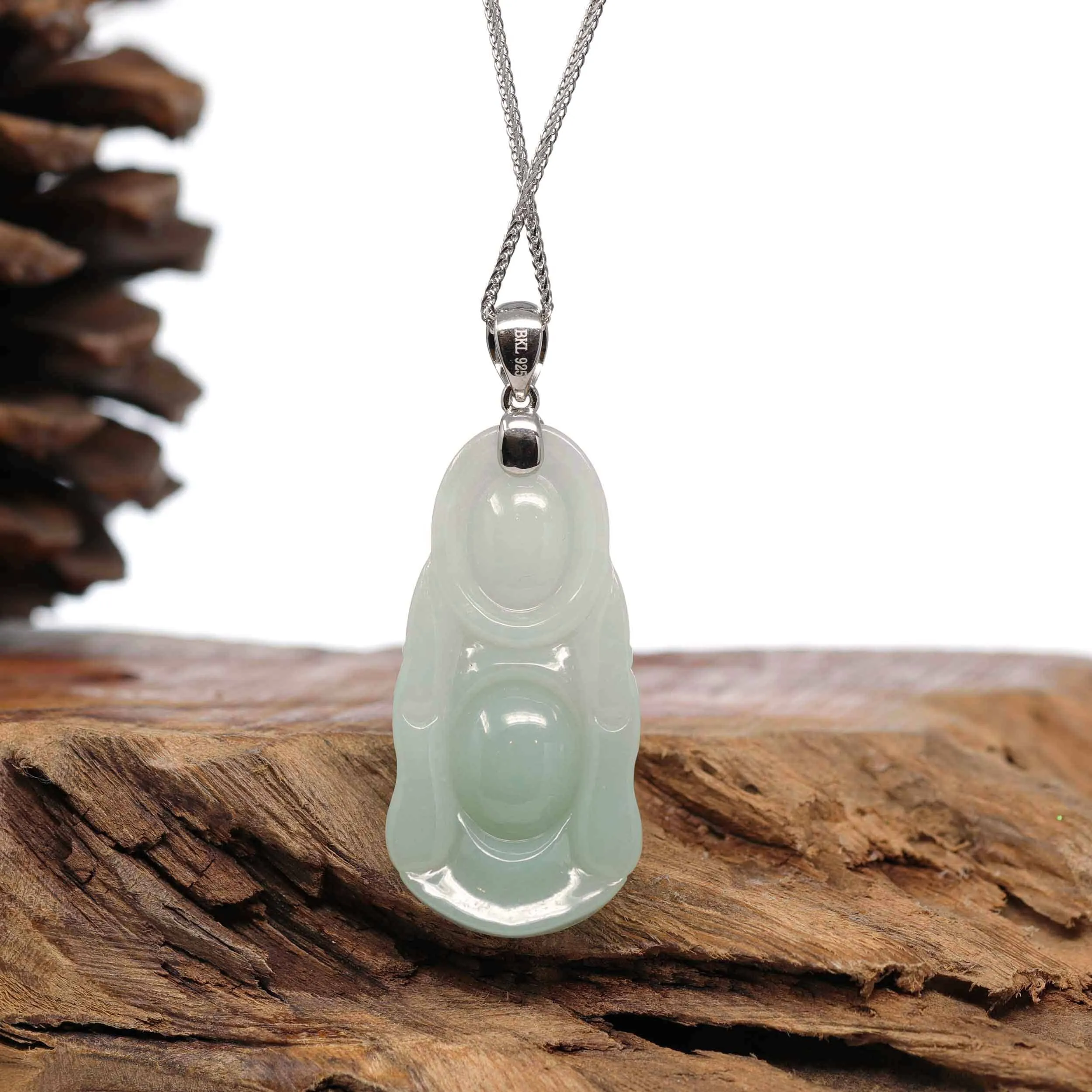 RealJade® Co. "Laughing Buddha" Genuine Green Jadeite Buddha Pendant Necklace With Silver  Bail