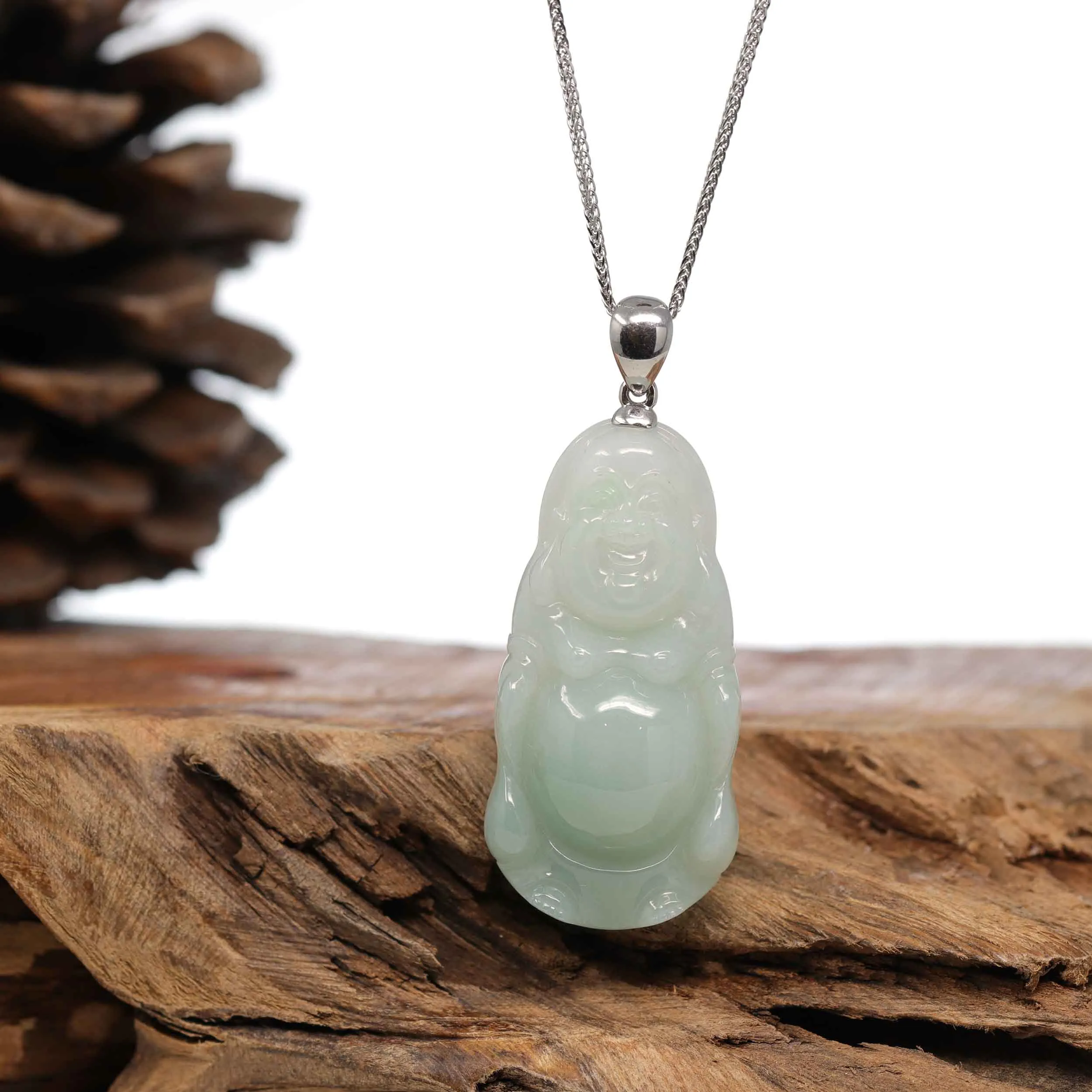 RealJade® Co. "Laughing Buddha" Genuine Green Jadeite Buddha Pendant Necklace With Silver  Bail