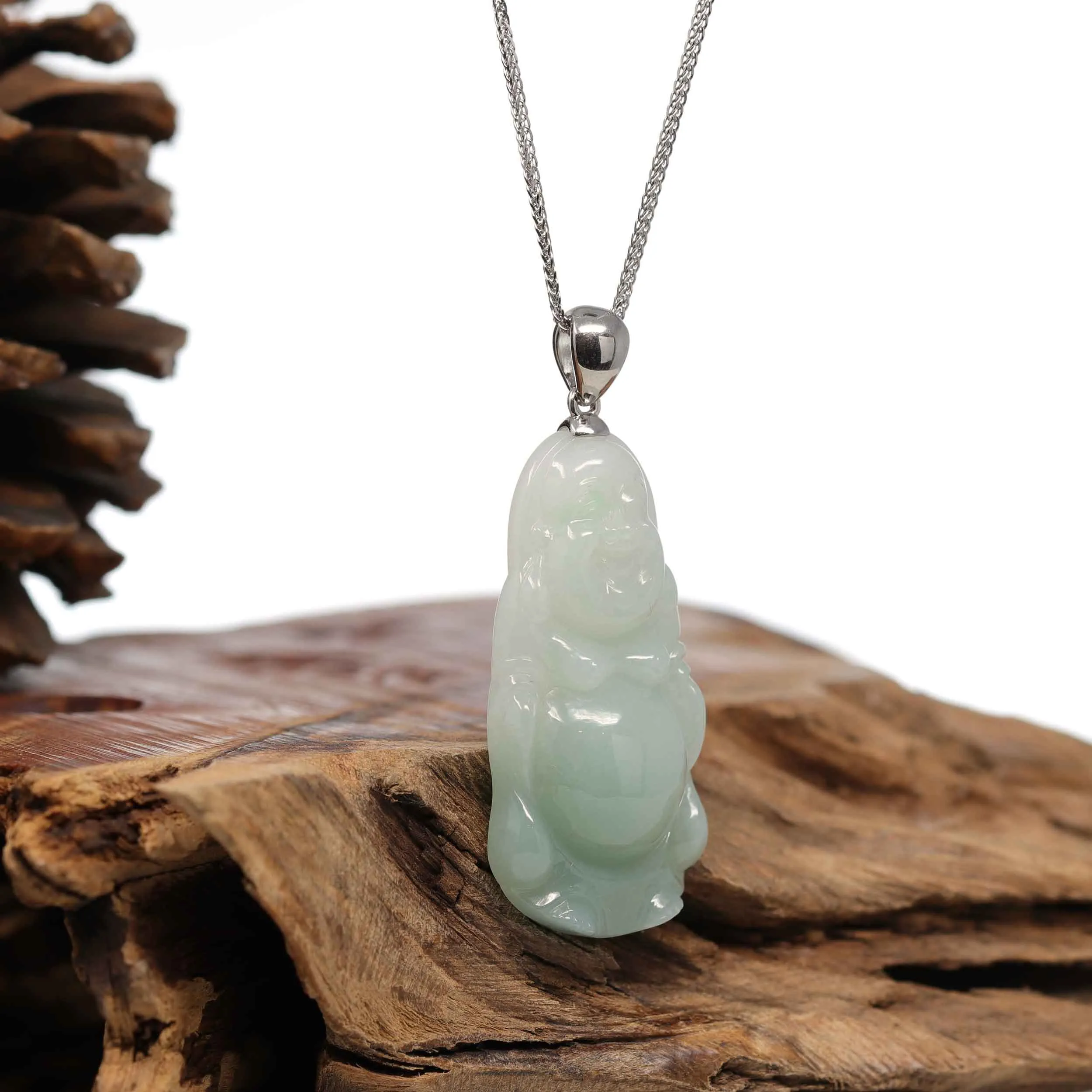 RealJade® Co. "Laughing Buddha" Genuine Green Jadeite Buddha Pendant Necklace With Silver  Bail