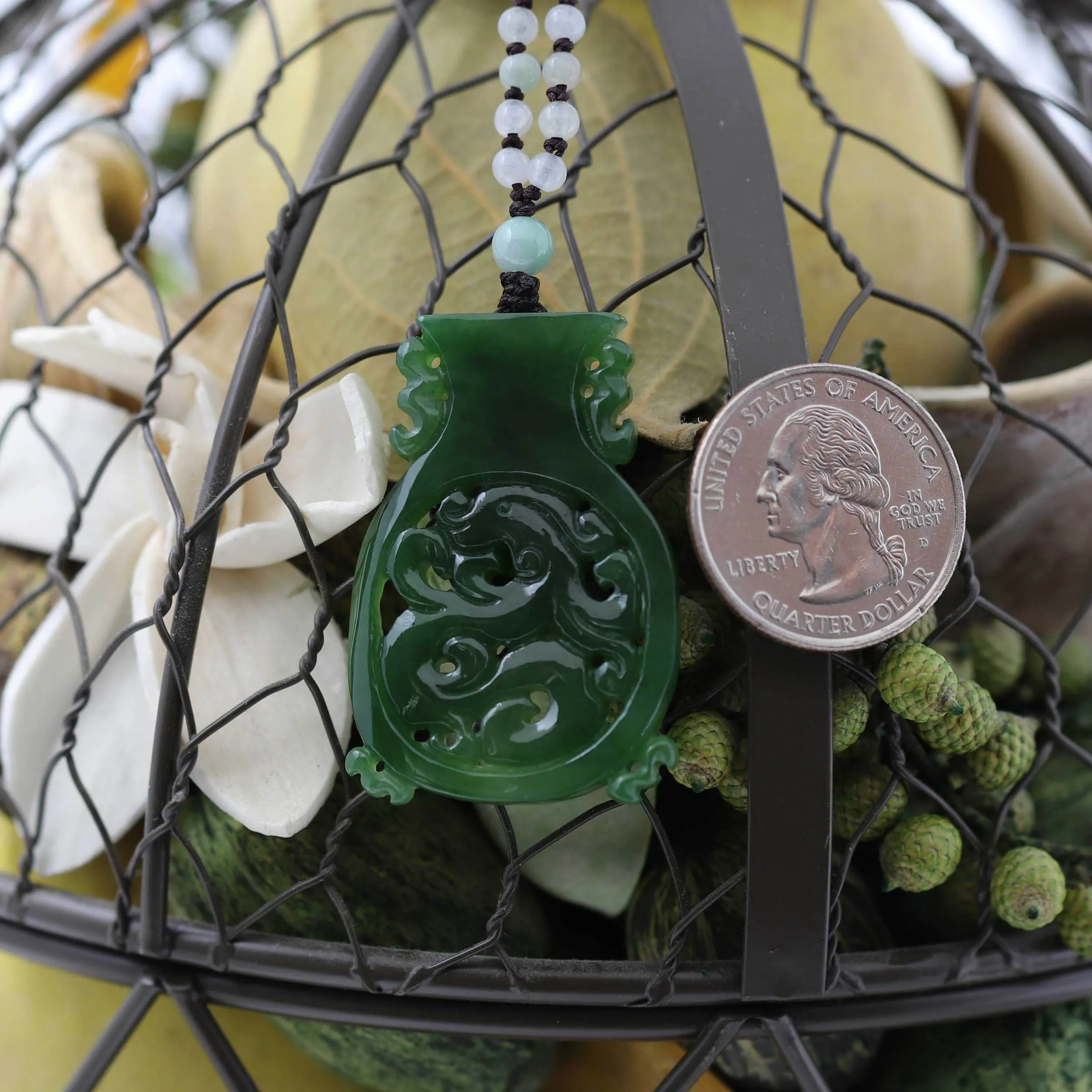 RealJade® "Jade Dragon" Genuine HeTian Nephrite Green Jade Good Luck Vase Pendant Necklace With Dragon