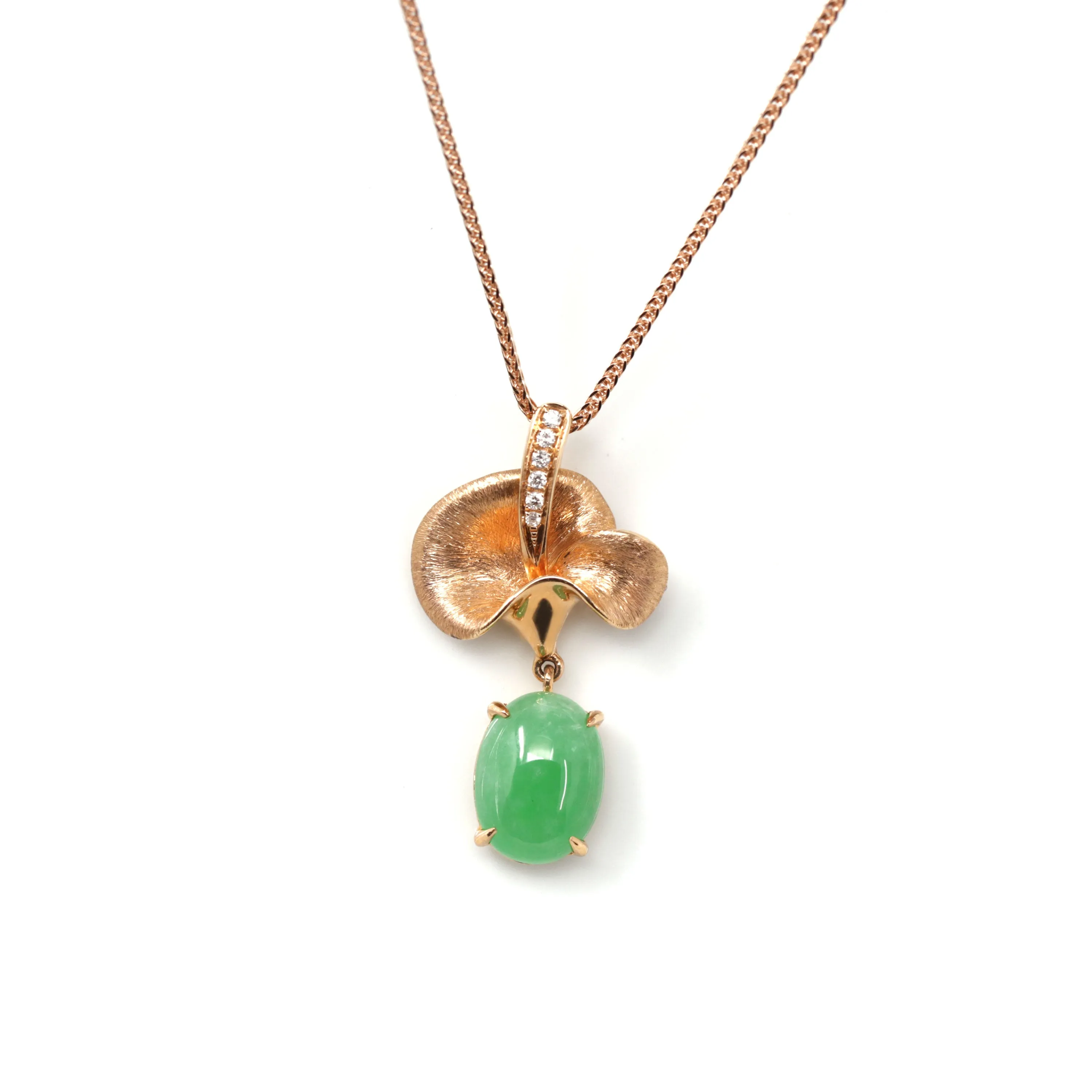 RealJade® "Morning Glory" 18k Rose Gold Imperial Green Jadeite Jade Diamond Pendant Necklace