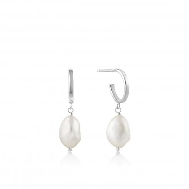 Rhodium Pearl Mini Hoop Earrings E019-02H