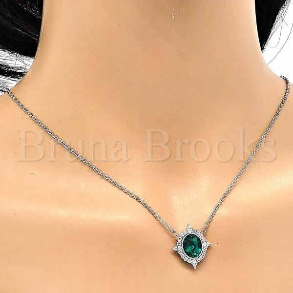 Rhodium Plated 04.26.0019.16 Fancy Necklace, with Emerald Swarovski Crystals and White Cubic Zirconia, Polished Finish, Rhodium Tone