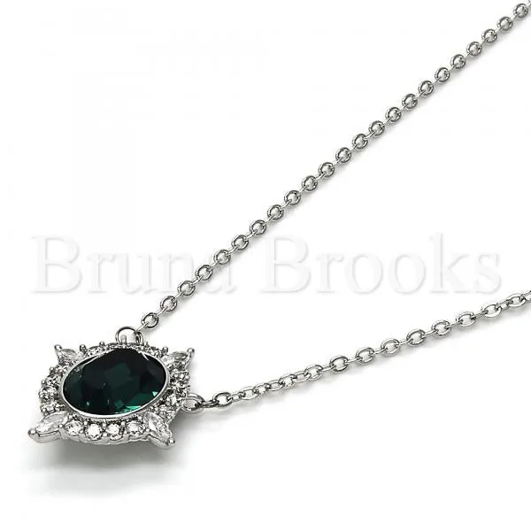 Rhodium Plated 04.26.0019.16 Fancy Necklace, with Emerald Swarovski Crystals and White Cubic Zirconia, Polished Finish, Rhodium Tone