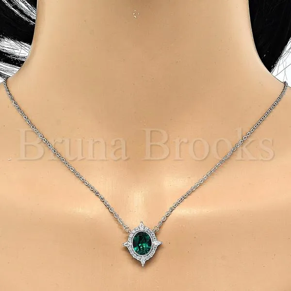 Rhodium Plated 04.26.0019.16 Fancy Necklace, with Emerald Swarovski Crystals and White Cubic Zirconia, Polished Finish, Rhodium Tone