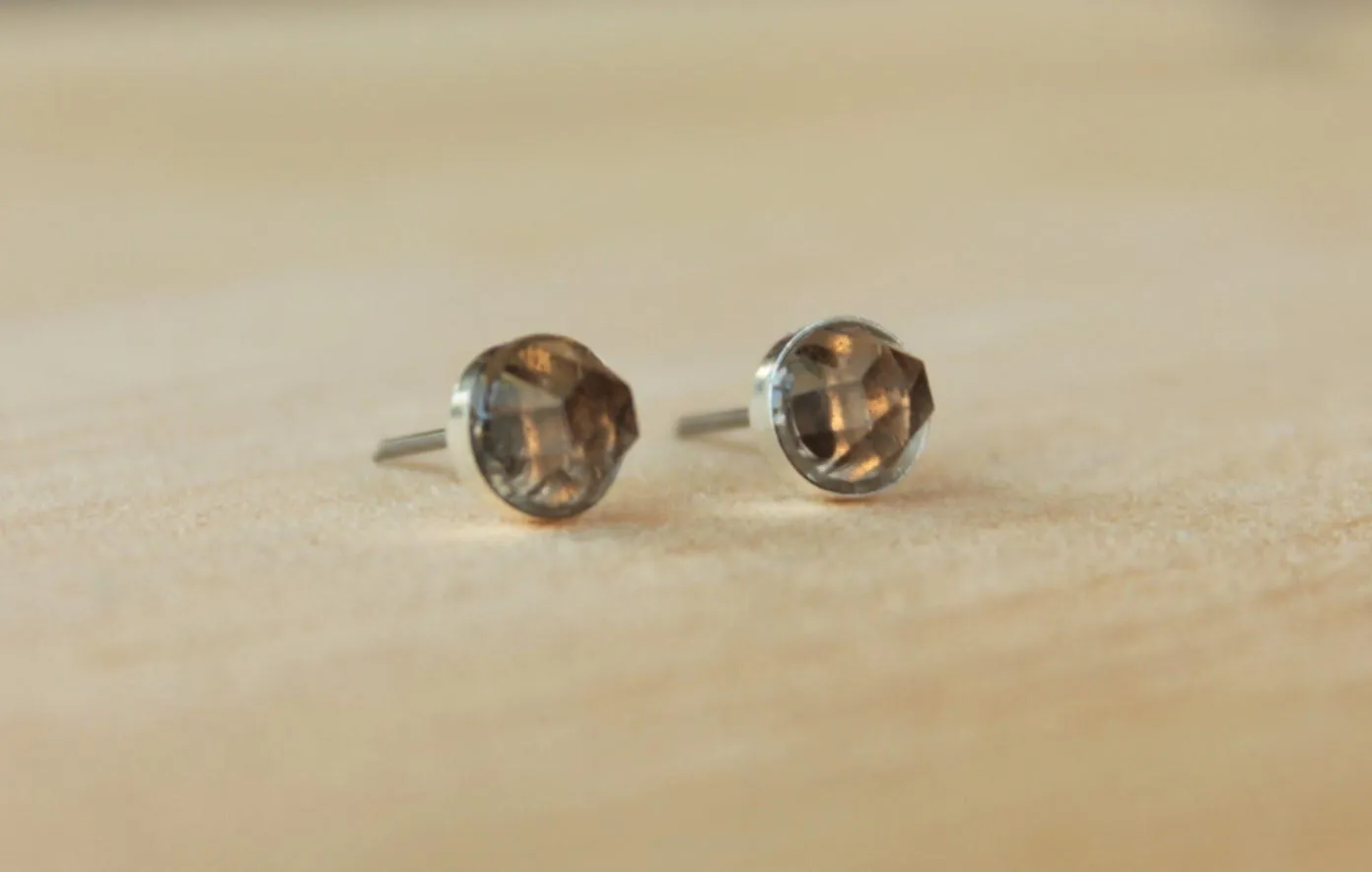 Rose Cut Smoky Quartz Bezel Gemstones, Large (Niobium or Titanium Post Earrings)