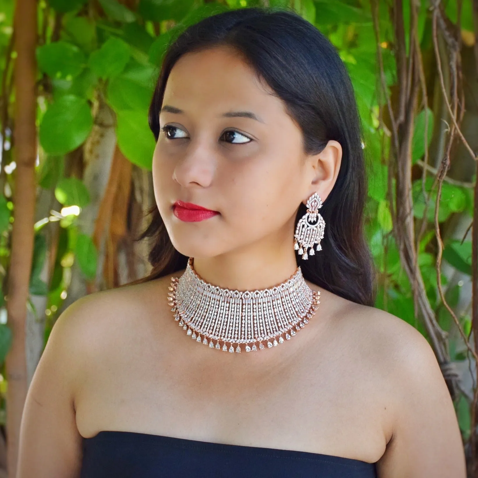 Rose Gold Zircon/AD Choker Set  14798-1938