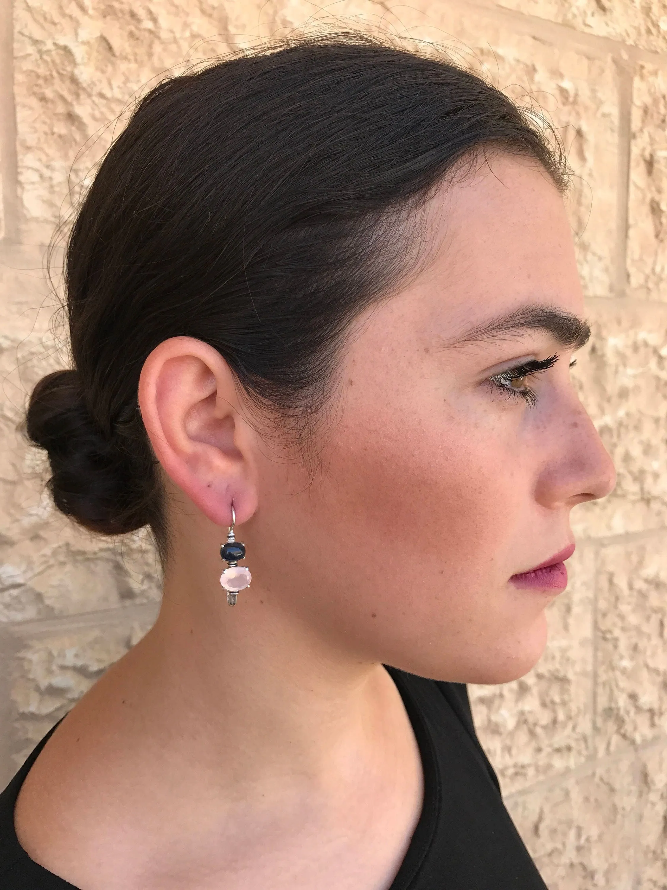Rose Quartz Earrings - Pink Drop Earrings - Two Stone Earrings