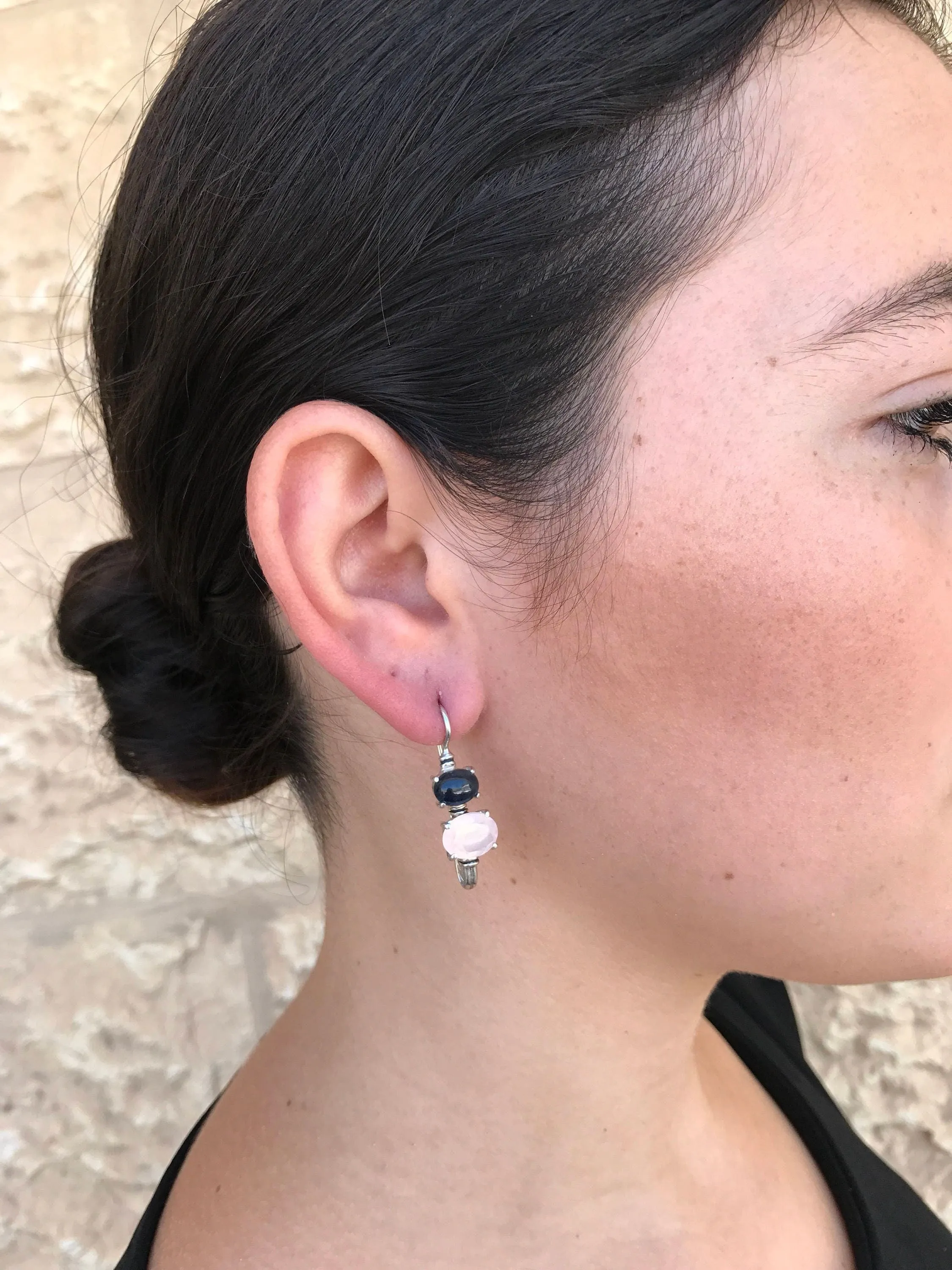 Rose Quartz Earrings - Pink Drop Earrings - Two Stone Earrings