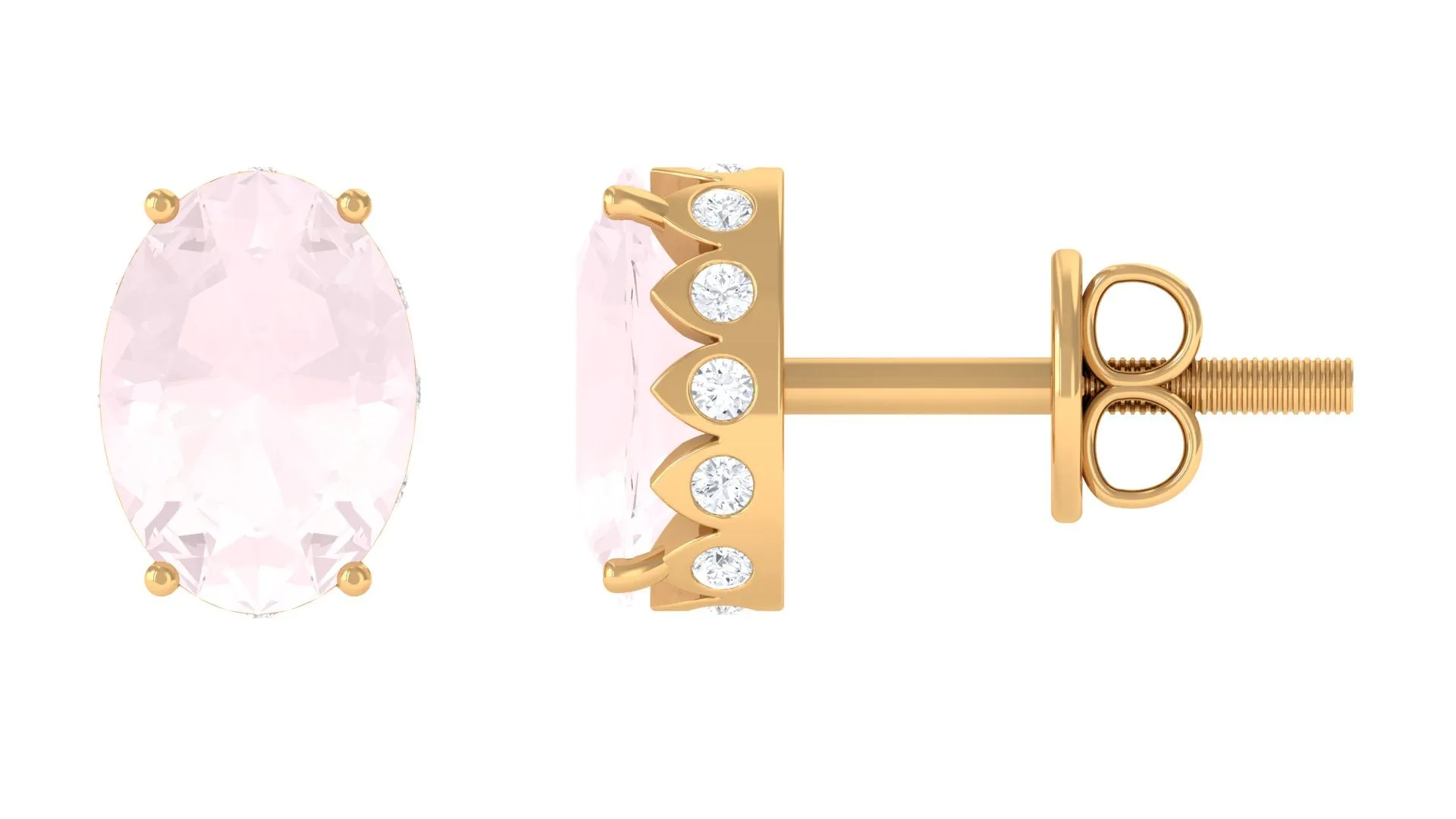 Rose Quartz Oval Stud Earrings with Diamond