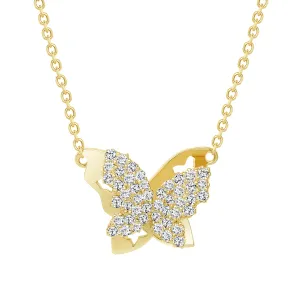 Round Cut Diamond Butterfly 14K Gold Pendant Necklace
