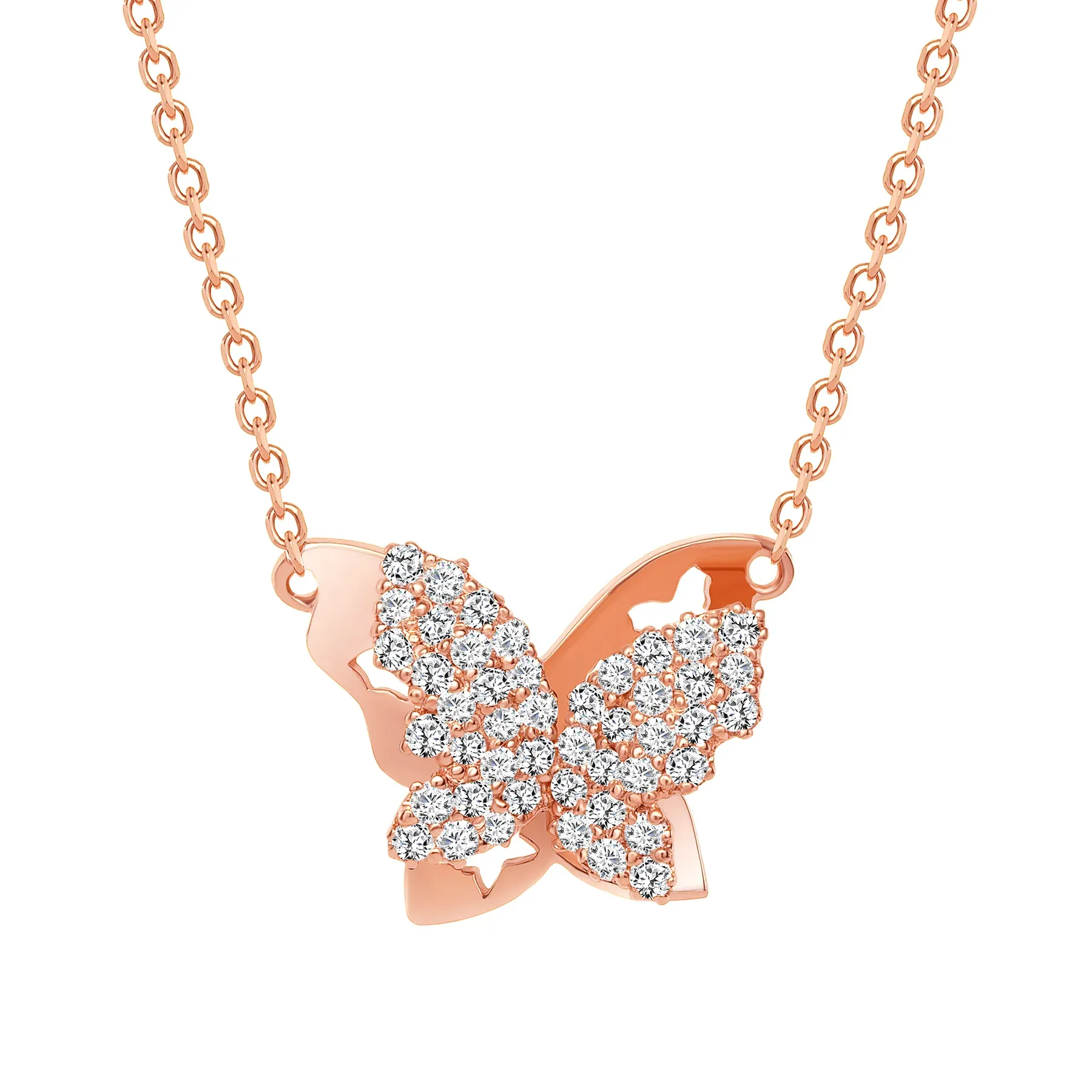 Round Cut Diamond Butterfly 14K Gold Pendant Necklace