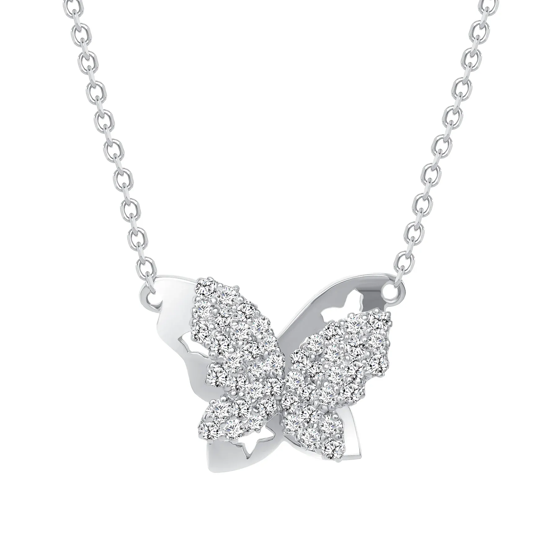 Round Cut Diamond Butterfly 14K Gold Pendant Necklace