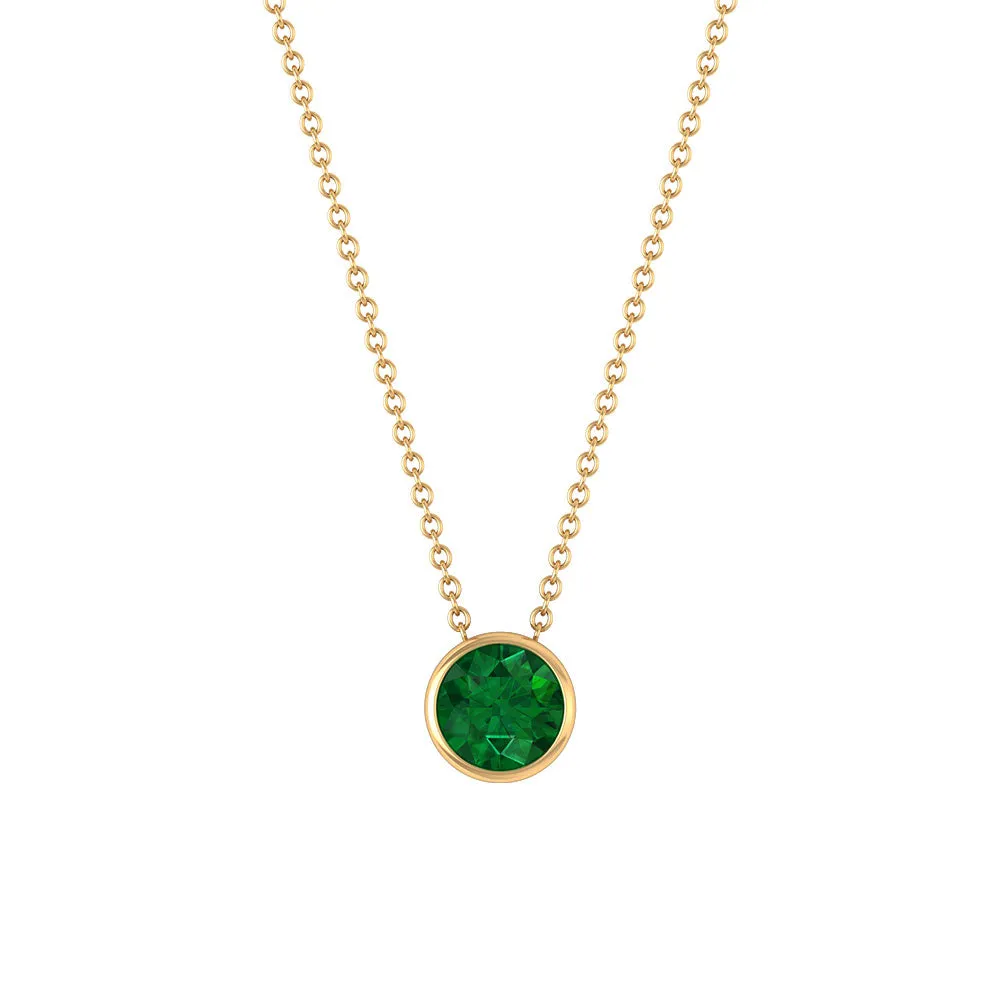 Round Shape Emerald Solitaire Necklace in Bezel Setting