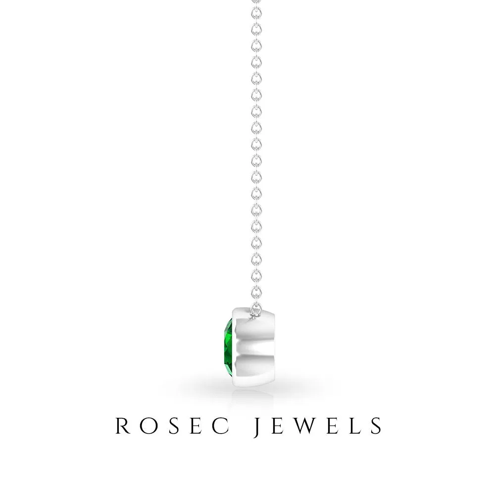 Round Shape Emerald Solitaire Necklace in Bezel Setting
