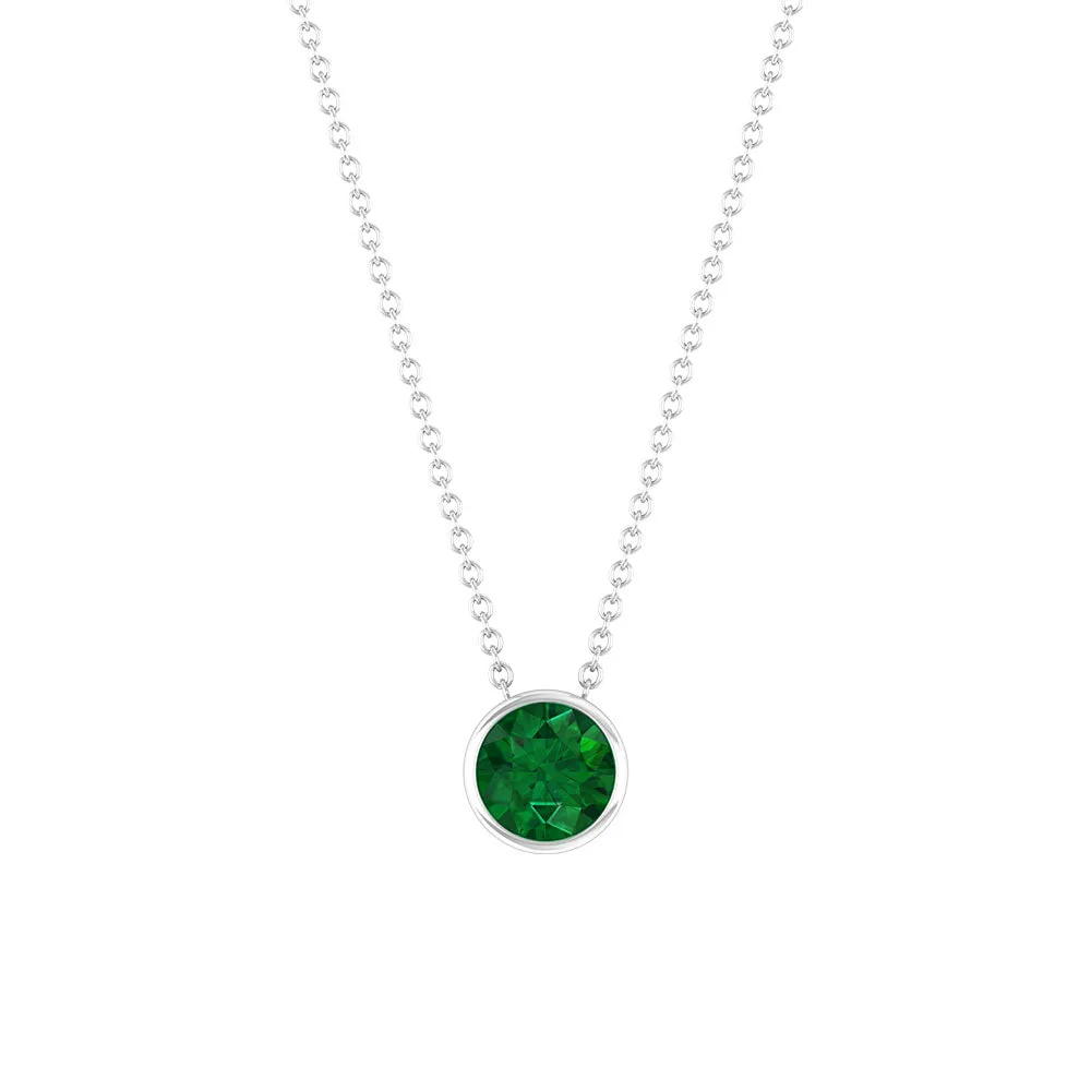 Round Shape Emerald Solitaire Necklace in Bezel Setting