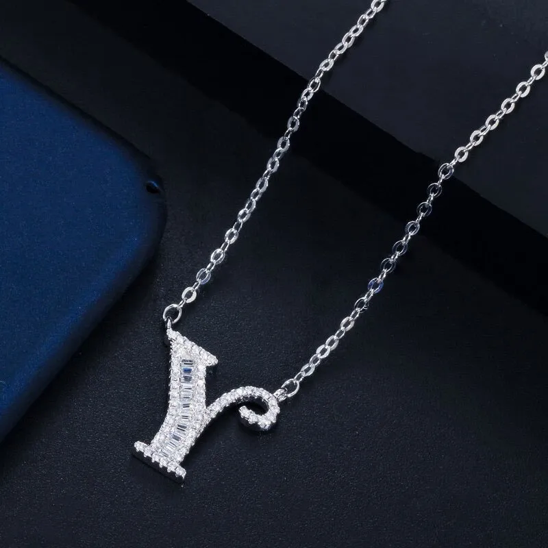 Shimmering Zircon Encrusted Personalized A-Z Initial Letter Pendant Necklaces