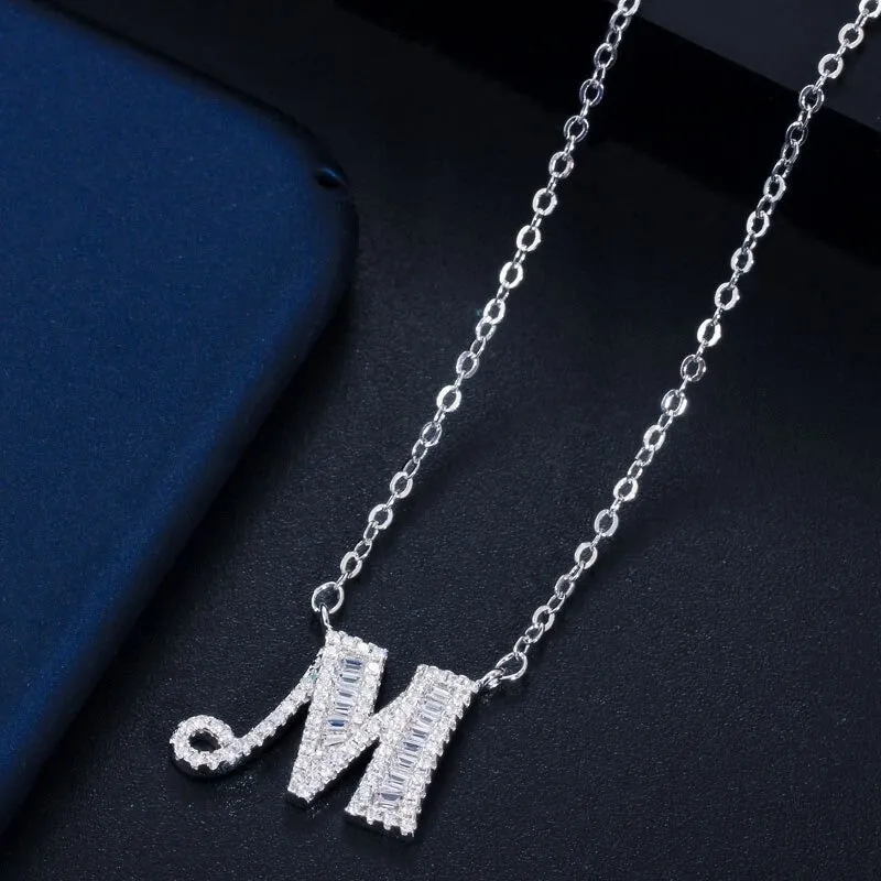 Shimmering Zircon Encrusted Personalized A-Z Initial Letter Pendant Necklaces