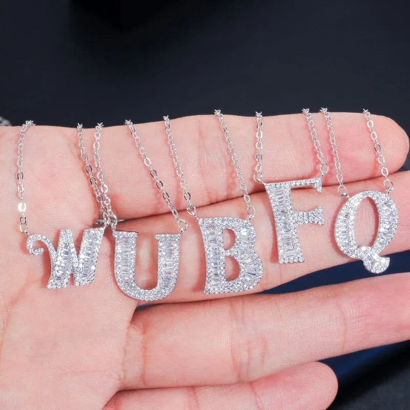 Shimmering Zircon Encrusted Personalized A-Z Initial Letter Pendant Necklaces