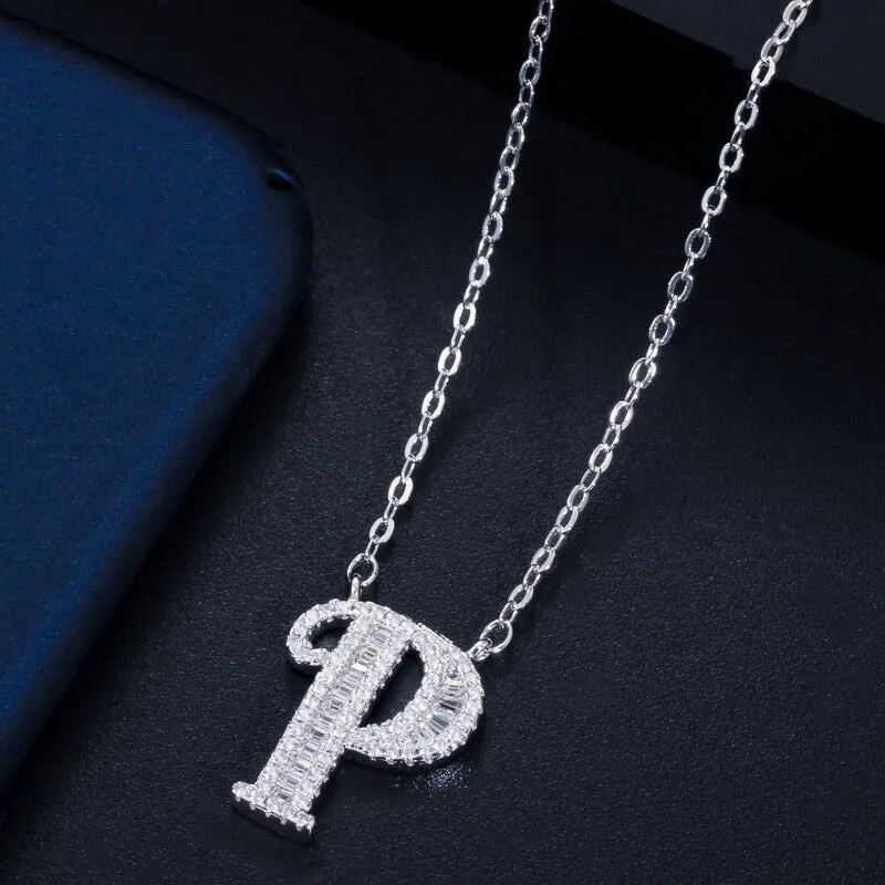 Shimmering Zircon Encrusted Personalized A-Z Initial Letter Pendant Necklaces