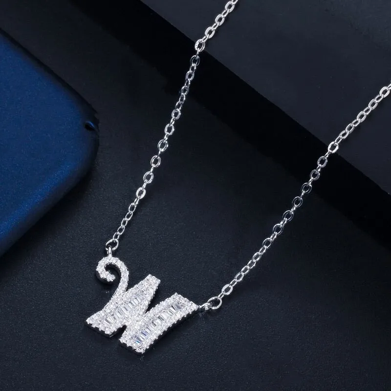 Shimmering Zircon Encrusted Personalized A-Z Initial Letter Pendant Necklaces