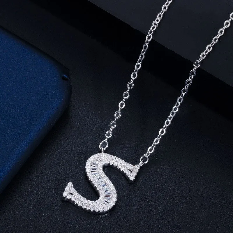 Shimmering Zircon Encrusted Personalized A-Z Initial Letter Pendant Necklaces