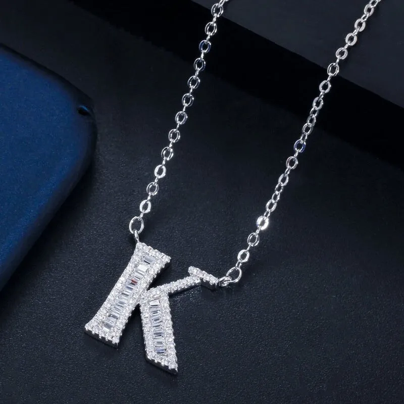 Shimmering Zircon Encrusted Personalized A-Z Initial Letter Pendant Necklaces