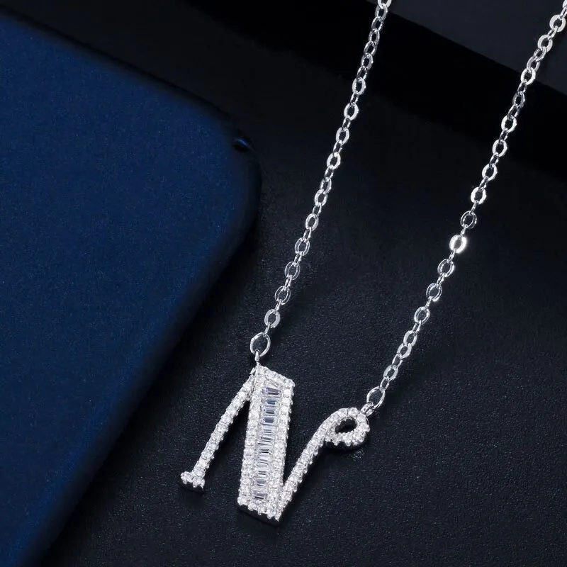 Shimmering Zircon Encrusted Personalized A-Z Initial Letter Pendant Necklaces