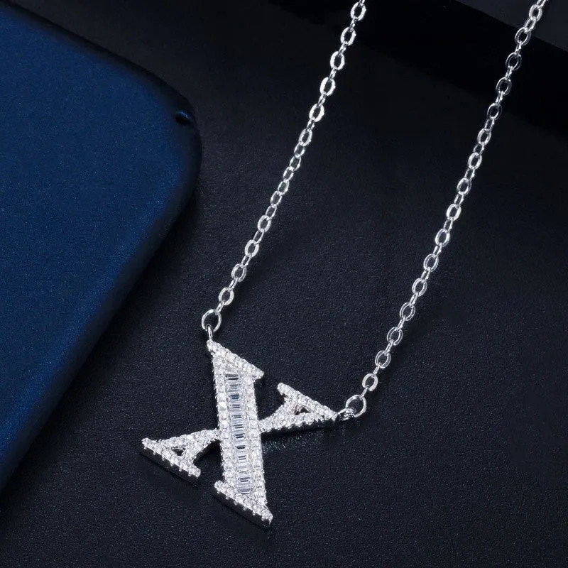 Shimmering Zircon Encrusted Personalized A-Z Initial Letter Pendant Necklaces