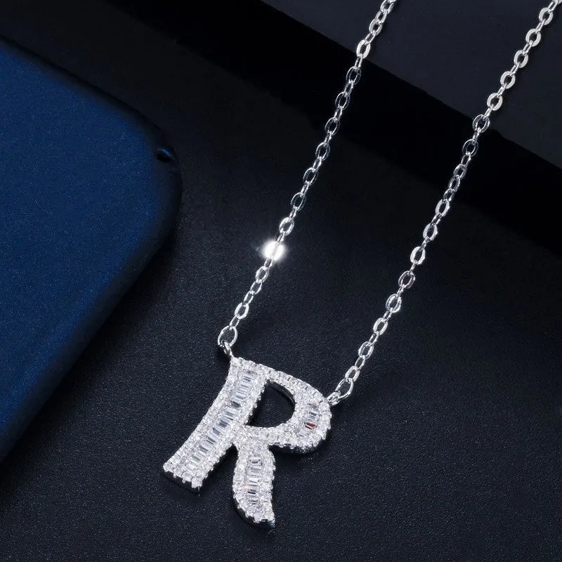 Shimmering Zircon Encrusted Personalized A-Z Initial Letter Pendant Necklaces