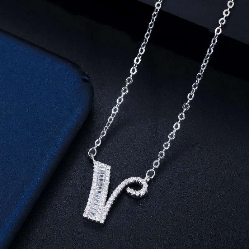 Shimmering Zircon Encrusted Personalized A-Z Initial Letter Pendant Necklaces