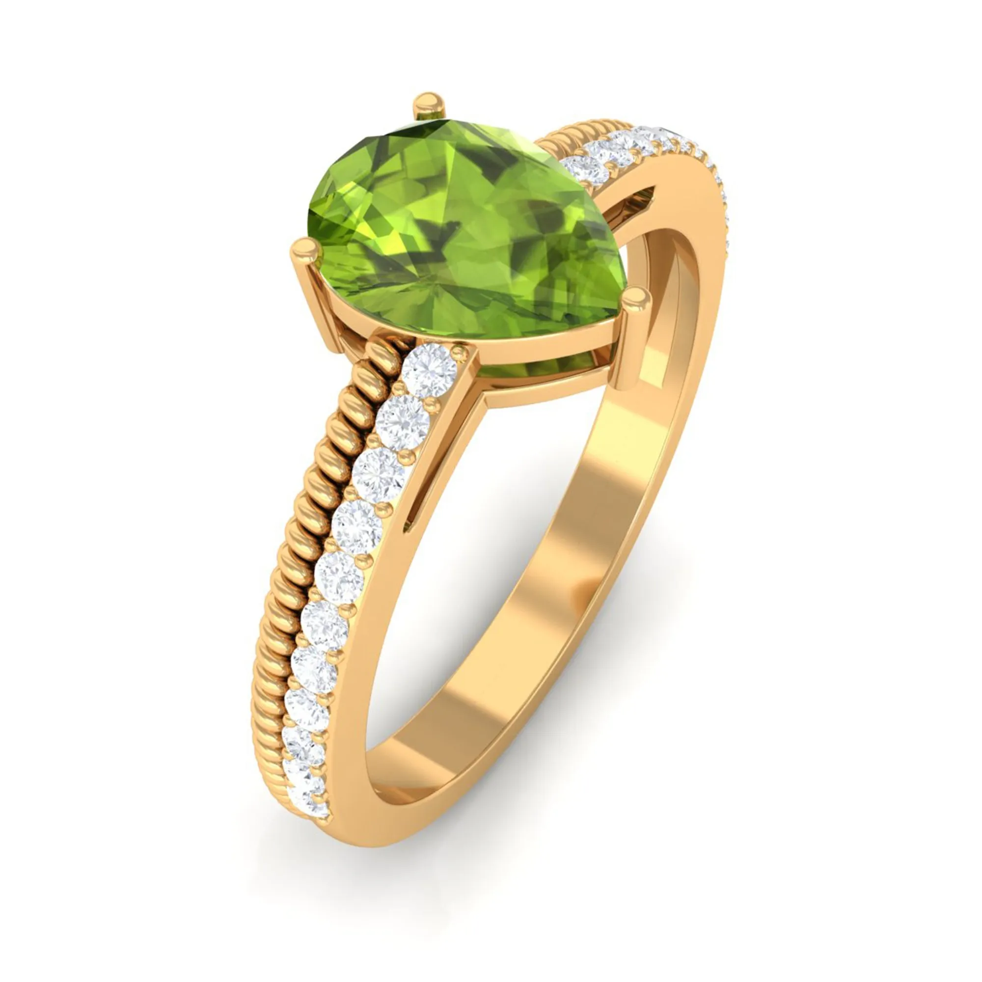 Solitaire Peridot and Diamond Ring with Twisted Rope