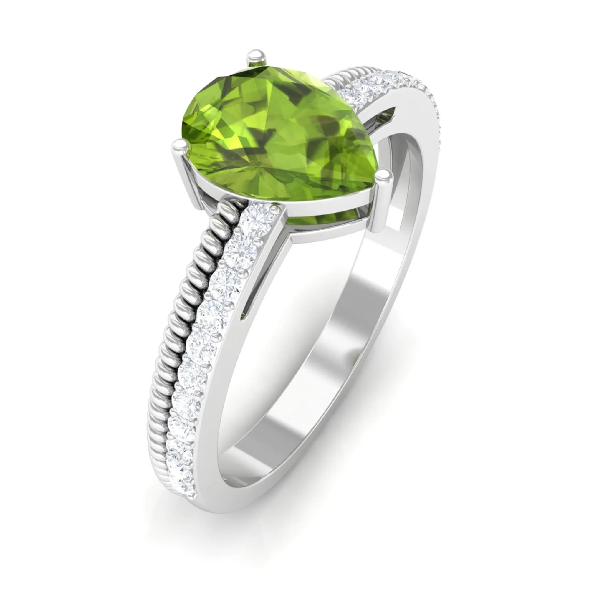 Solitaire Peridot and Diamond Ring with Twisted Rope