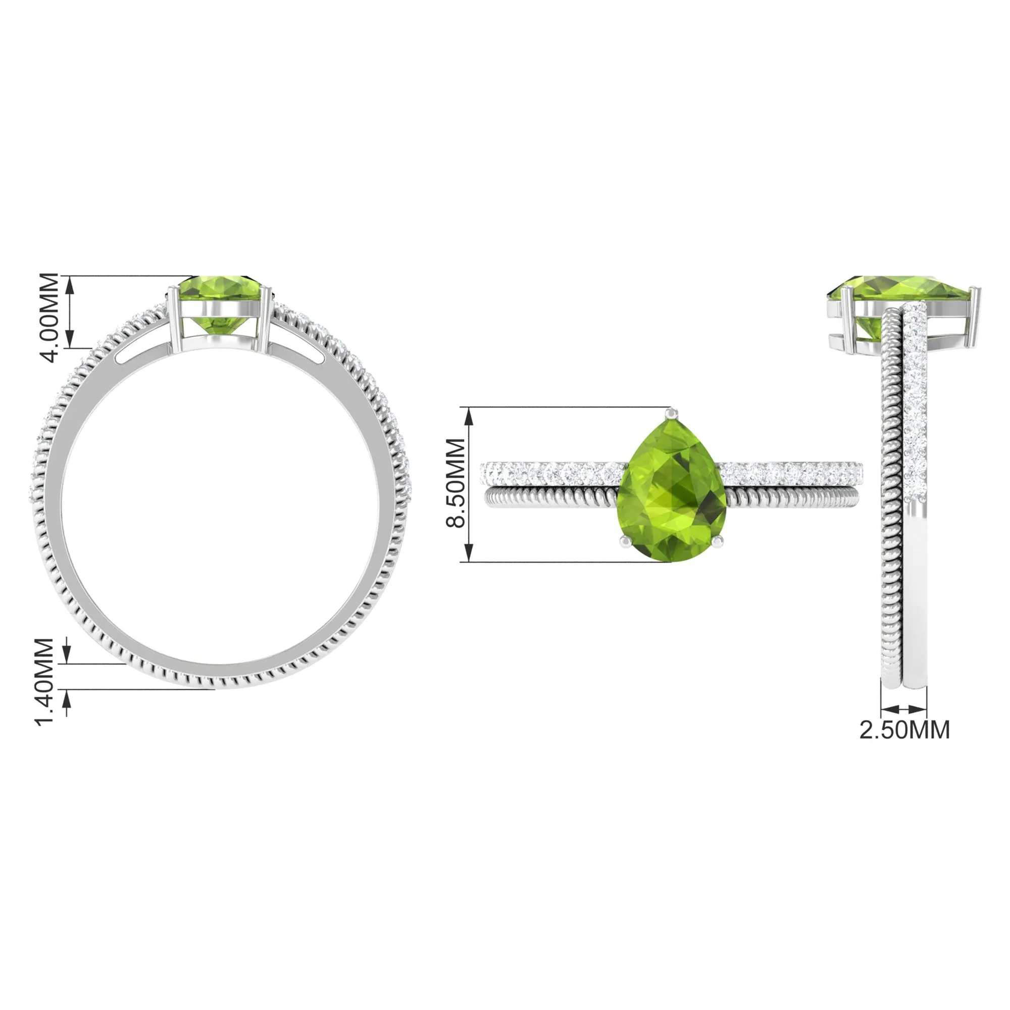 Solitaire Peridot and Diamond Ring with Twisted Rope