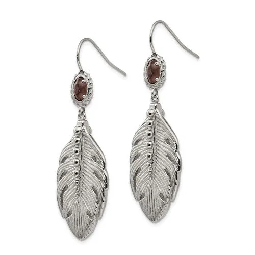 Stainless Steel Smoky Quartz Feather Earrings