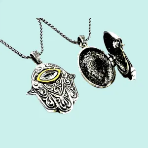 Statement Sterling Silver Romantic Necklace for woman. Hamsa Locket pendant.