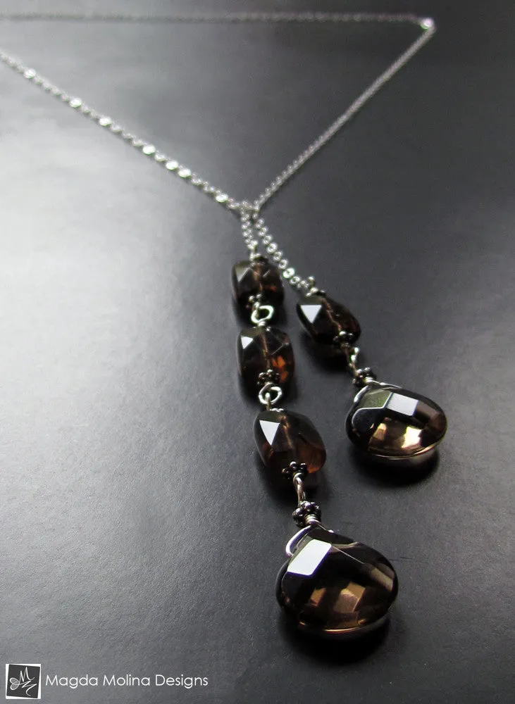 The Delicate Silver Chain Lariat With Faceted Smokey Quartz