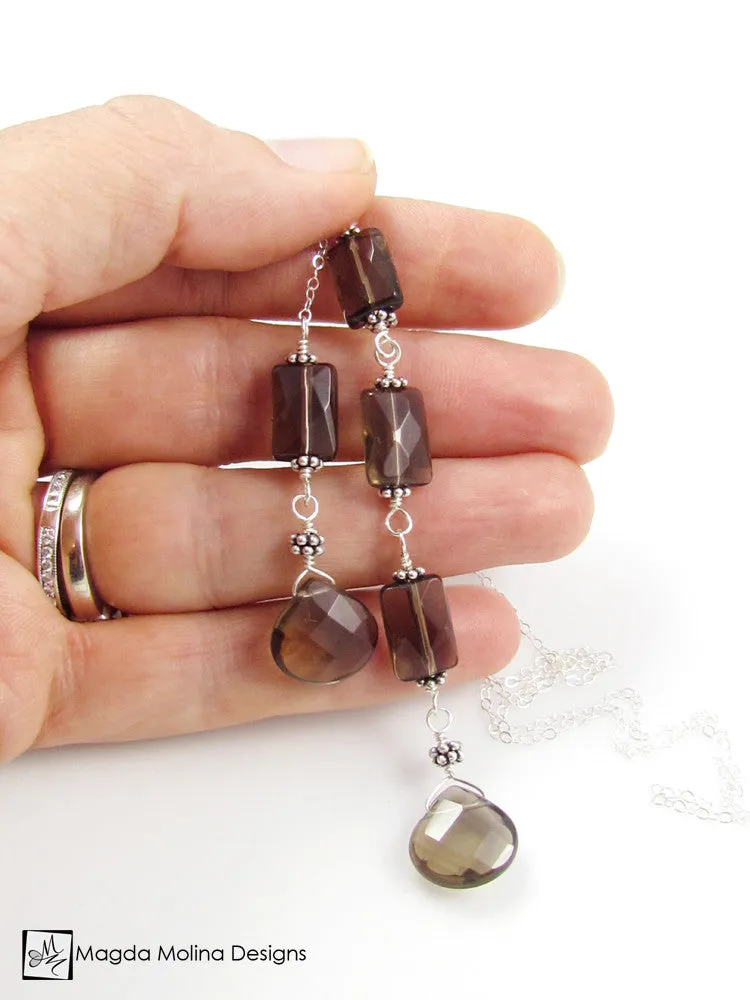 The Delicate Silver Chain Lariat With Faceted Smokey Quartz
