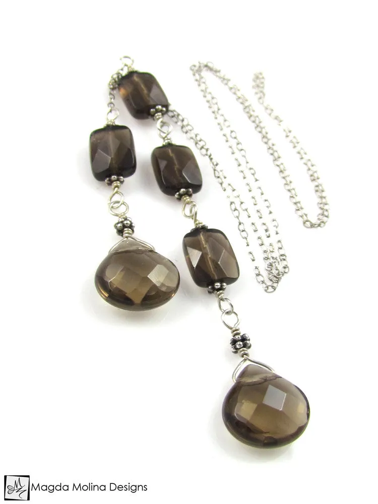 The Delicate Silver Chain Lariat With Faceted Smokey Quartz