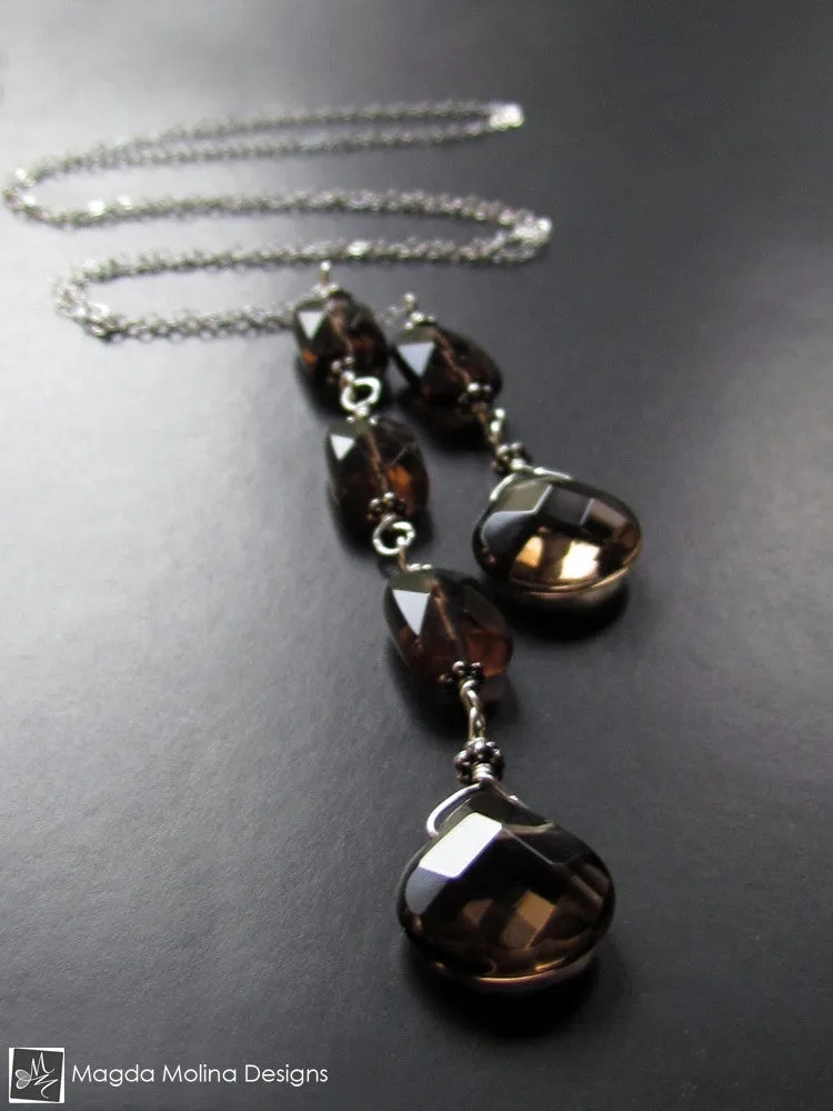 The Delicate Silver Chain Lariat With Faceted Smokey Quartz