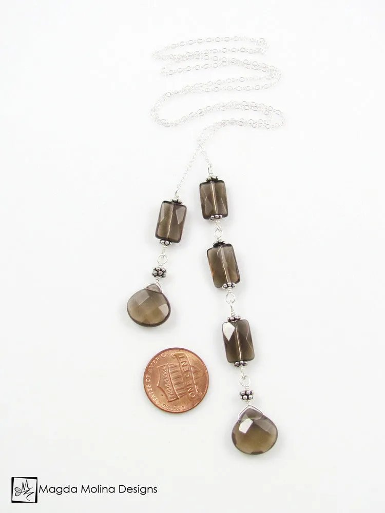 The Delicate Silver Chain Lariat With Faceted Smokey Quartz